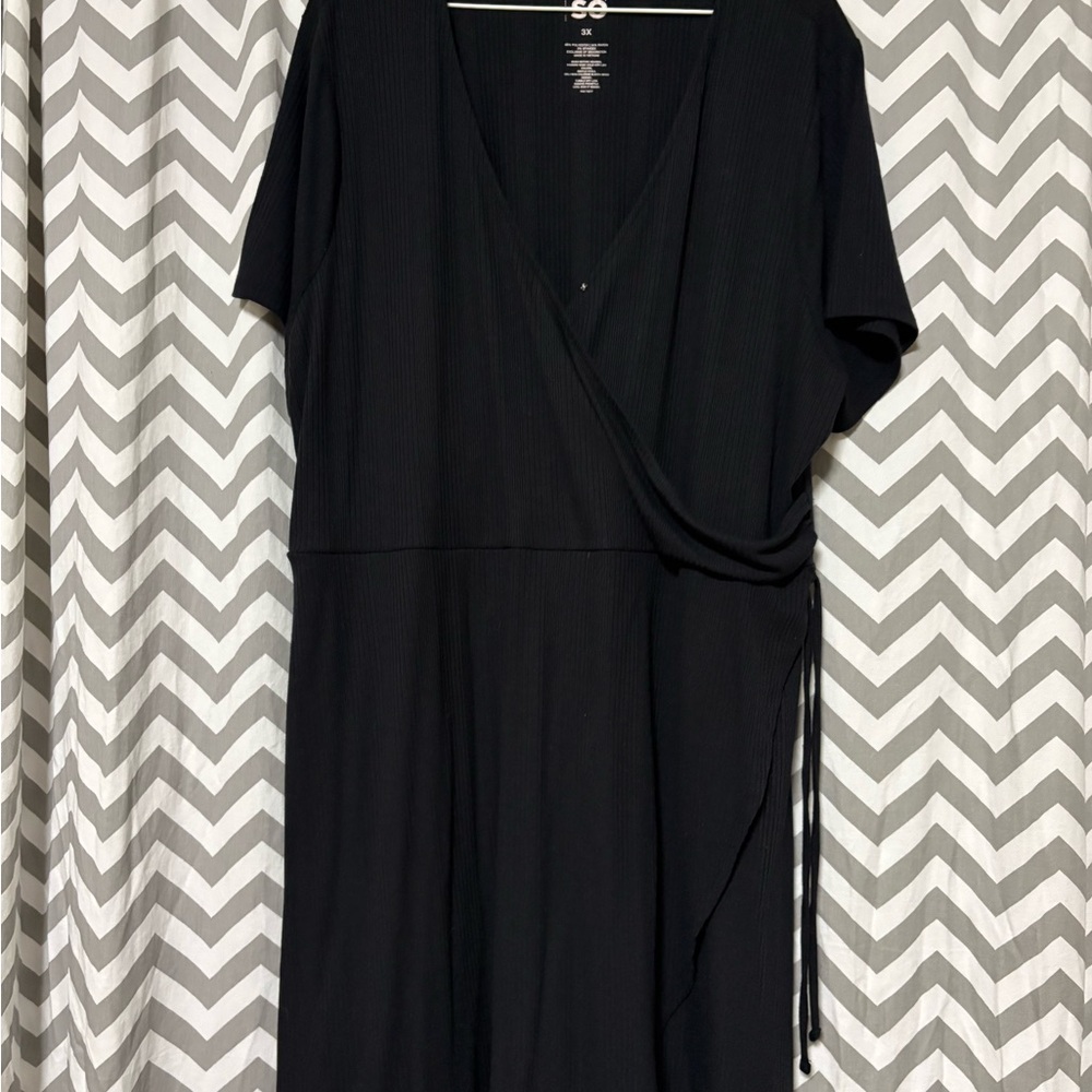 SO Black Ribbed Wrap Midi Dress with Side Tie